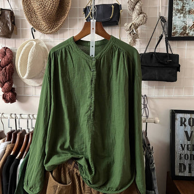 Solid Color Round Neck Single-Breasted Long Sleeves Shirt