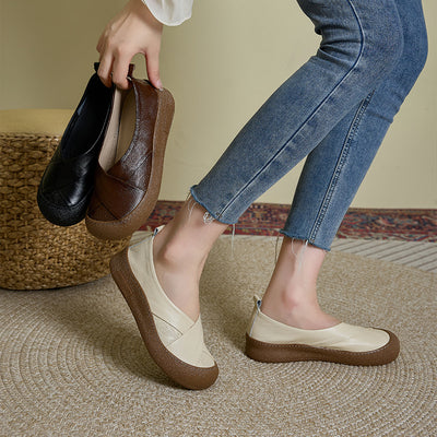 Solid Color Retro Leather Soft Sole Shallow Slip-On Flat Shoes