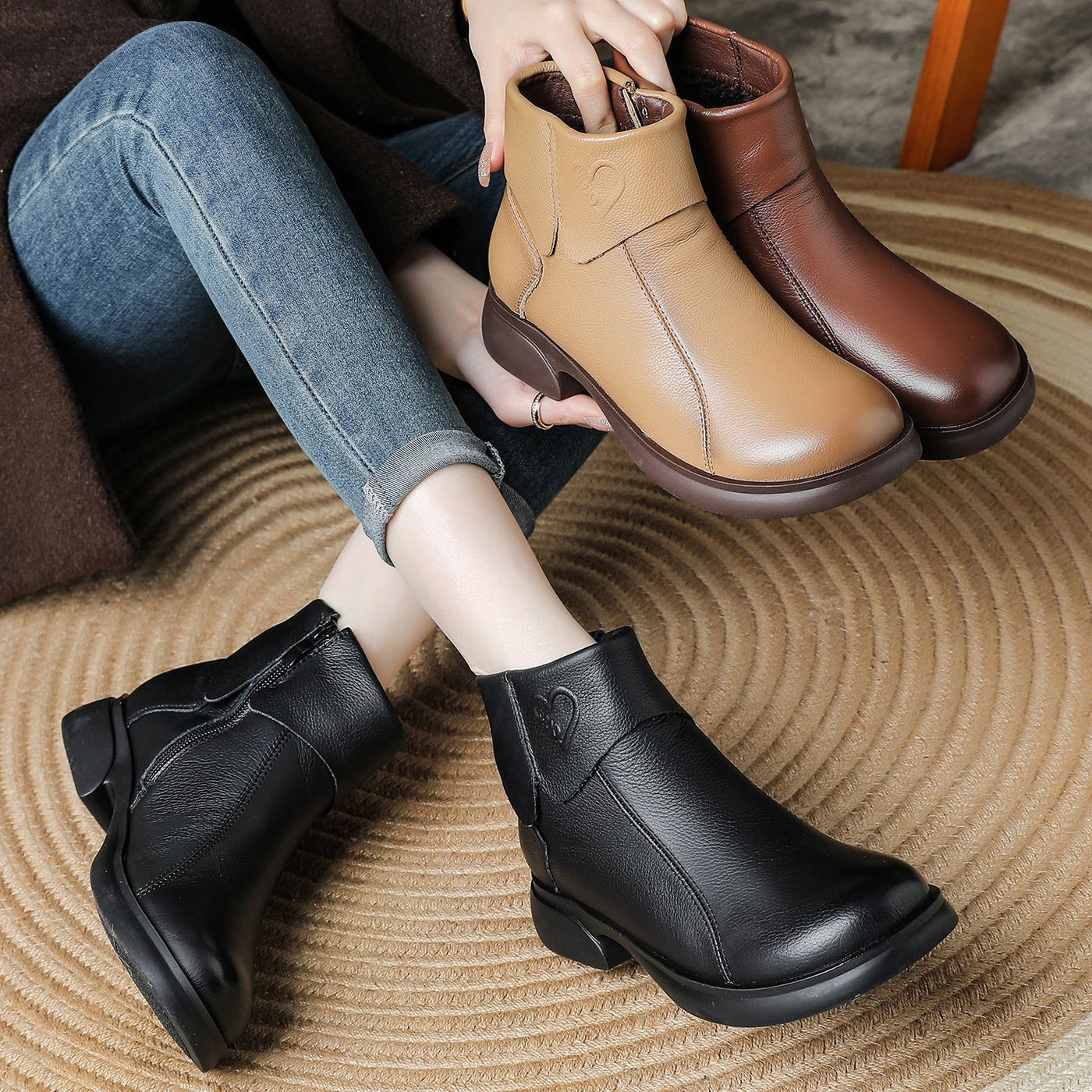 Genuine Leather Solid Color Round Toe Zipper Elegant Boots