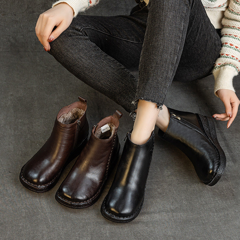 Winter Retro Leather Platform Thick Soft Sole Plush Boots