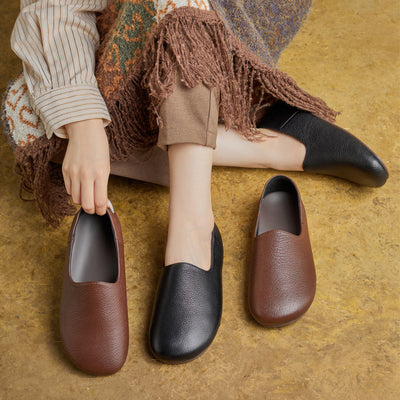 Sheepskin Leather Round Toe Simple Slip-On Flat Shoes