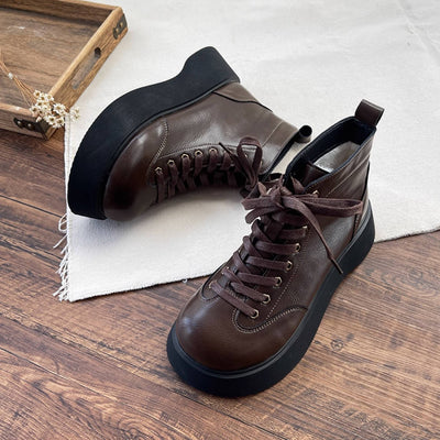 Women Retro Leather Trendy Round Toe Lace-Up Fashion Ankle Boots