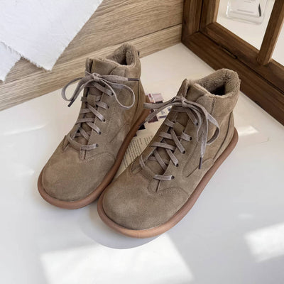 Autumn Winter Leather Sueded Round Toe Warm Lace-Up Ankle Boots