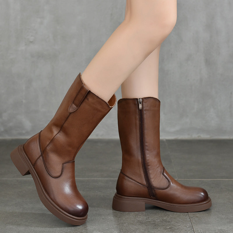 Retro Top Leather Soft Sole Low Heeled Zipper Mid-Calf Boots