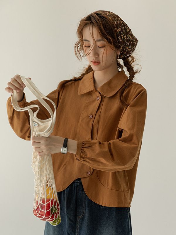 Autumn Cotton Retro Solid Color Lantern Sleeves Irregular Shirts