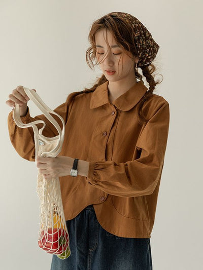 Autumn Cotton Retro Solid Color Lantern Sleeves Irregular Shirts