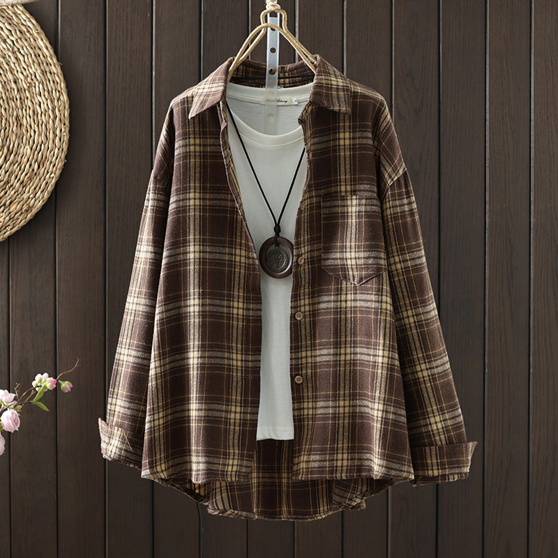 Vintage Plaid Casual Shirt Long Sleeve Oversized Thin Blouse