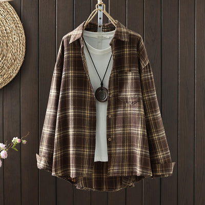 Vintage Plaid Casual Shirt Long Sleeve Oversized Thin Blouse