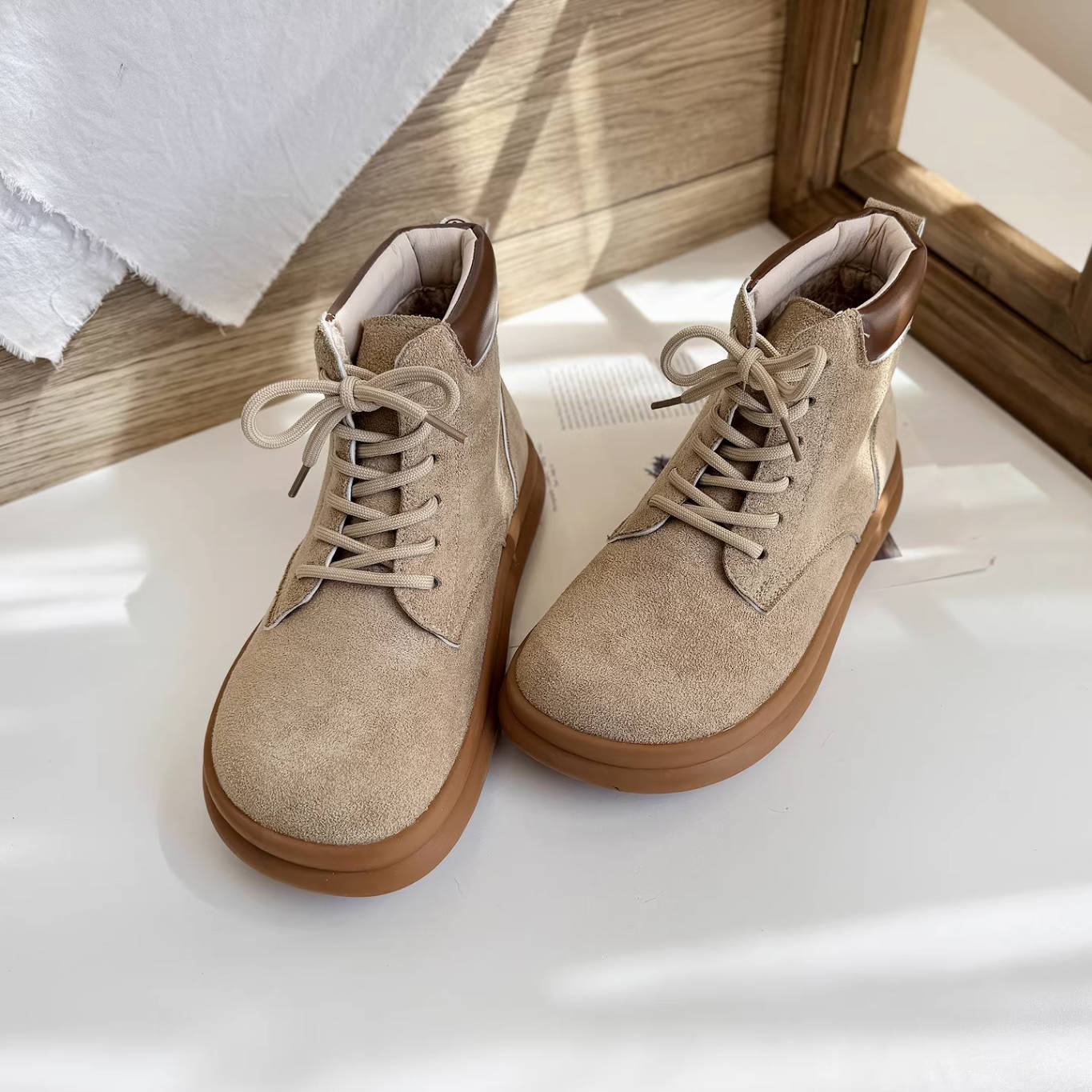 Sueded Top Leather Patchwork Soft Flat Sole Lace-Up Boots