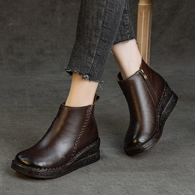 Winter Retro Leather Platform Thick Soft Sole Plush Boots