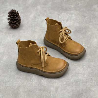 Women Retro Leather Wide Toe Lace Up Ankle Boots