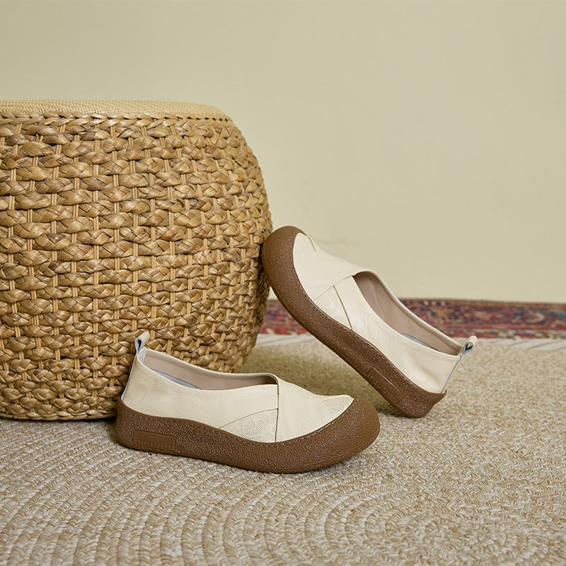 Solid Color Retro Leather Soft Sole Shallow Slip-On Flat Shoes