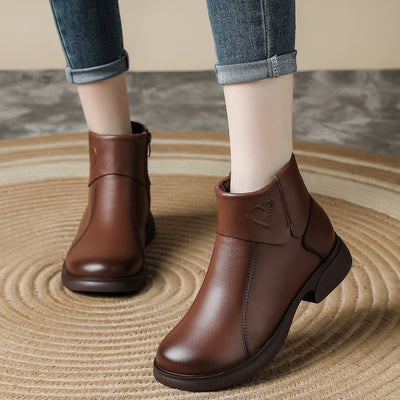 Genuine Leather Solid Color Round Toe Zipper Elegant Boots