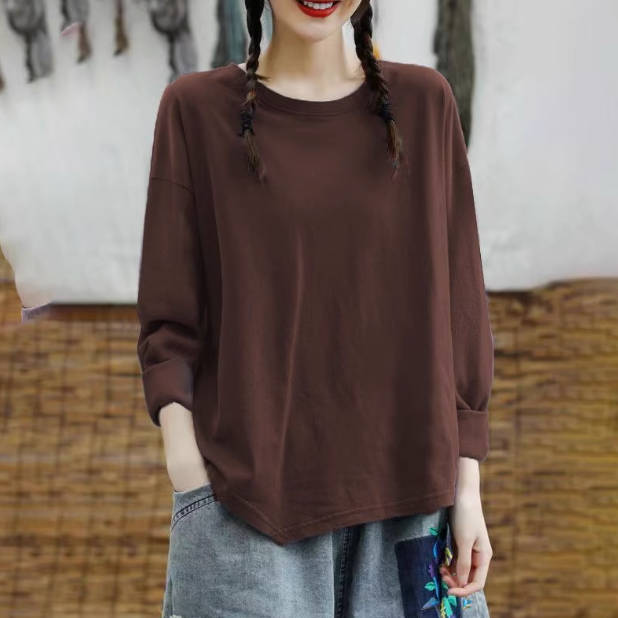 Autumn 100% Cotton Solid Color Round Neck Long Sleeves Pull o vers
