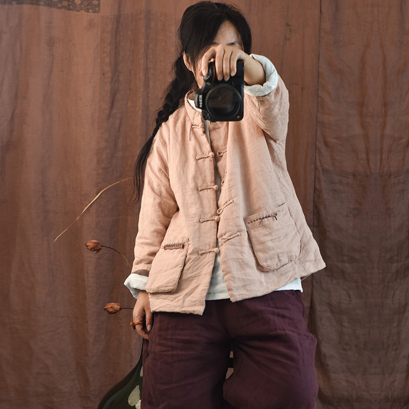 Winter Warm Ramie Cotton-In Stand Collar Frog Button Loose Coat