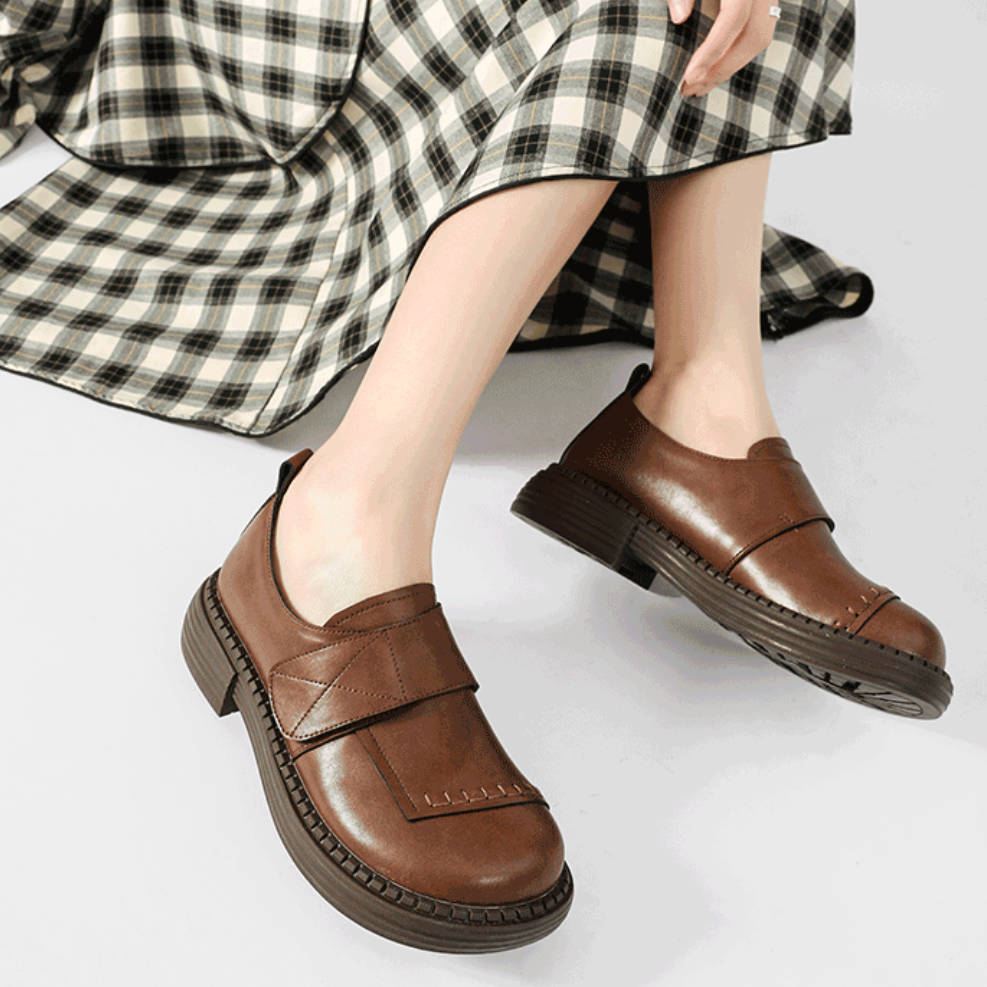 Top Leather Retro Solid Color Round Toe Velcro Flat Shoes