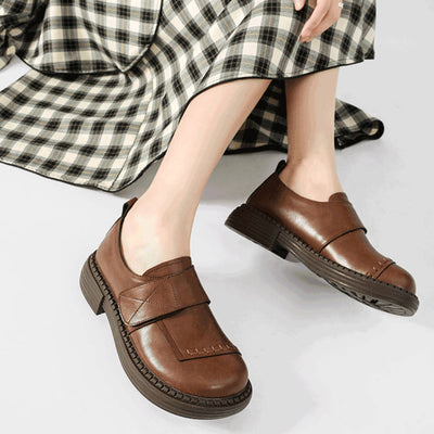 Top Leather Retro Solid Color Round Toe Velcro Flat Shoes