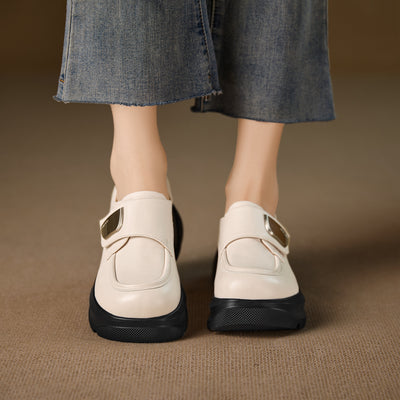 Casual Leather Round Toe Platform Velcro Loafers