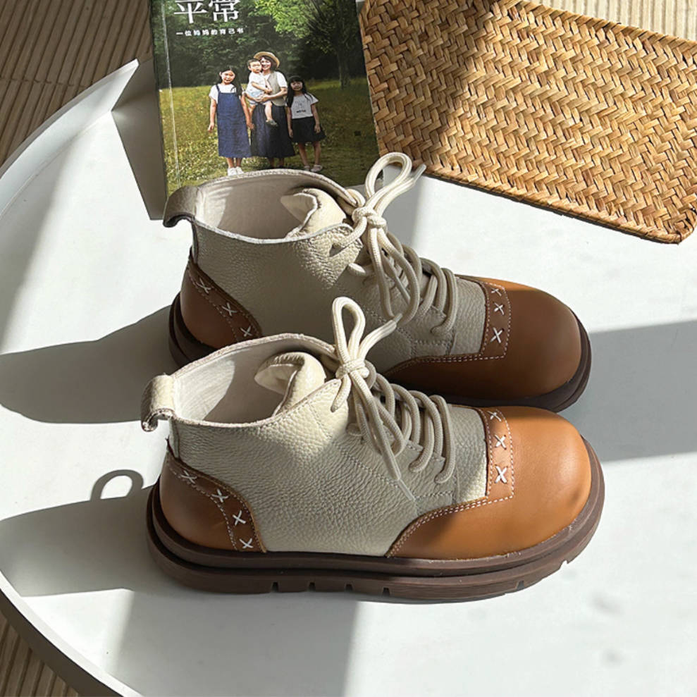 Retro Leather Patchwork Round Toe Casual Ankle Boots