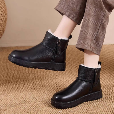 Winter Leather Warm Soft Flat Sole Wool-In Zipper Ankle Boots