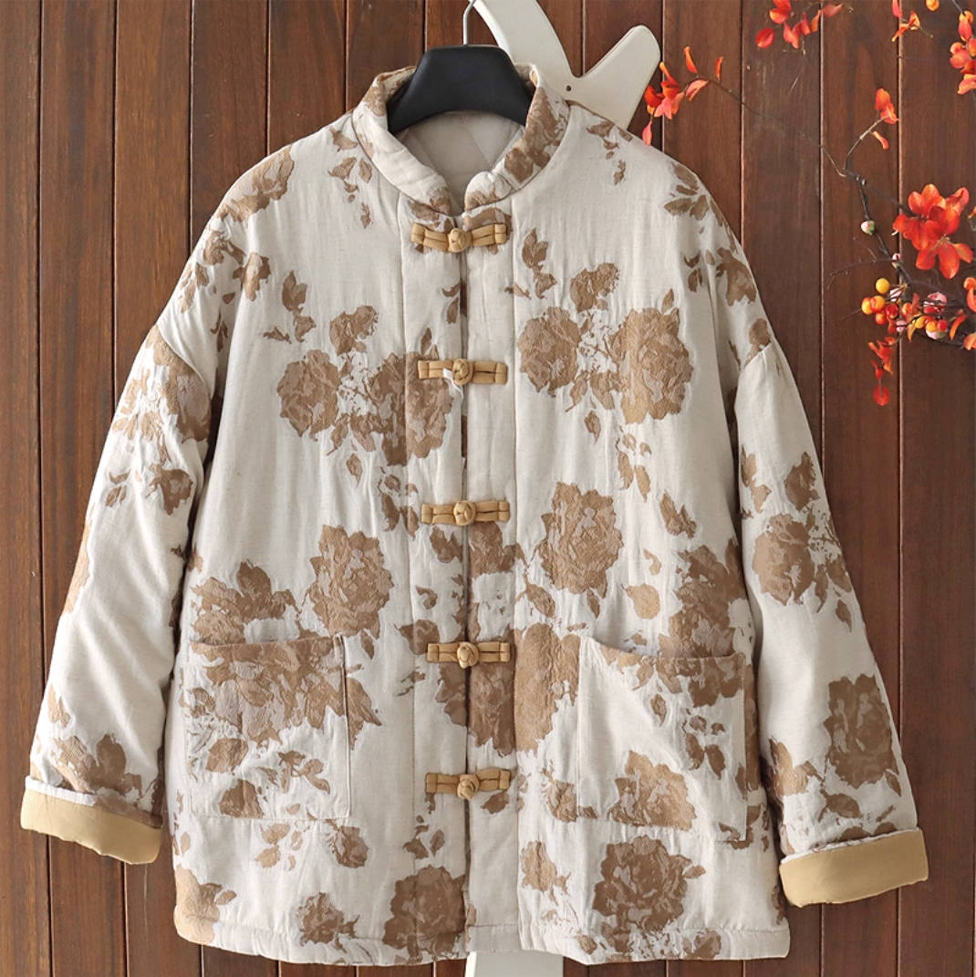 Chinese Style Stand Collar Floral Printed Frog Button Cotton-In Coat