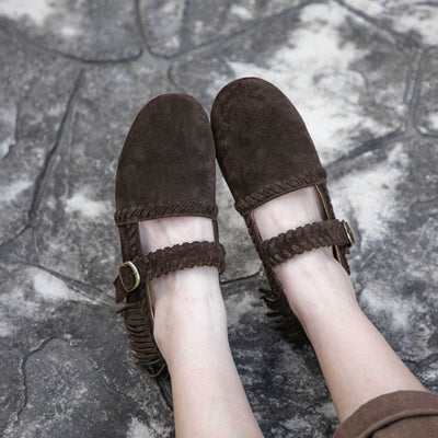 Women Genuine Leather Tassel Flats One Straped Flat Shoes