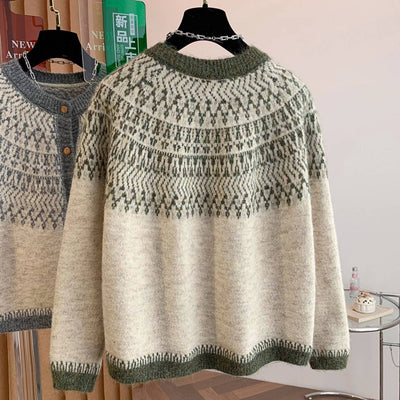 Retro Winter Round Neck Soft Thick Single-Breasted Printed Sweater