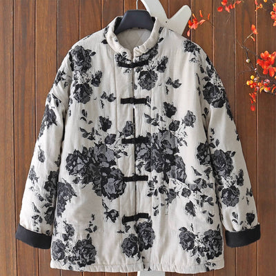 Chinese Style Stand Collar Floral Printed Frog Button Cotton-In Coat