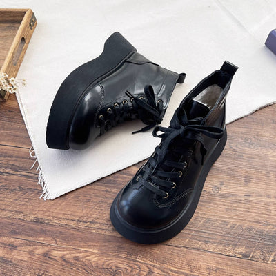 Women Retro Leather Trendy Round Toe Lace-Up Fashion Ankle Boots