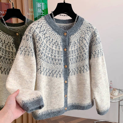 Retro Winter Round Neck Soft Thick Single-Breasted Printed Sweater