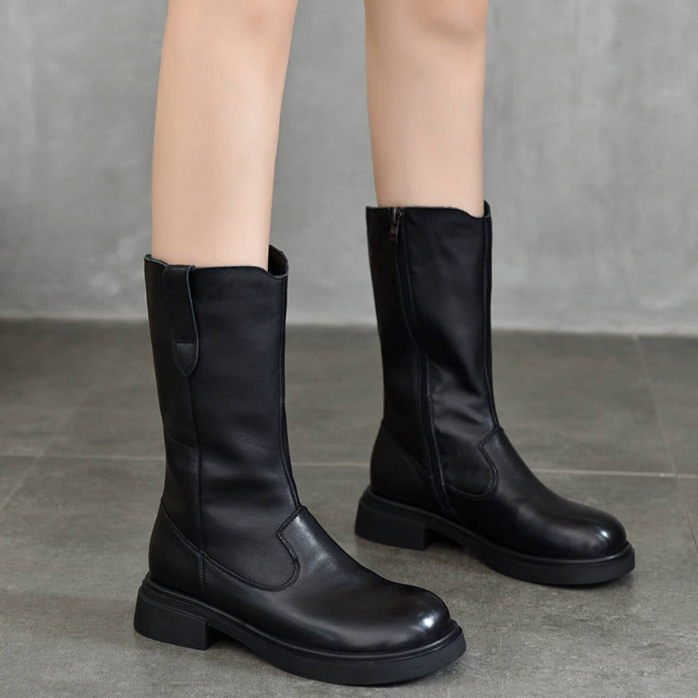 Retro Top Leather Soft Sole Low Heeled Zipper Mid-Calf Boots