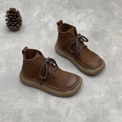 Women Retro Leather Wide Toe Lace Up Ankle Boots