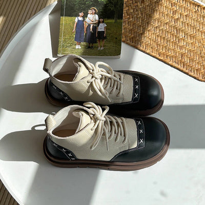 Retro Leather Patchwork Round Toe Casual Ankle Boots