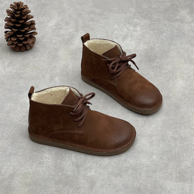 Winter Warm Leather Fleece-Lined Lace-Up Ankle Boots