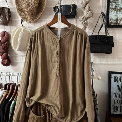 Solid Color Round Neck Single-Breasted Long Sleeves Shirt