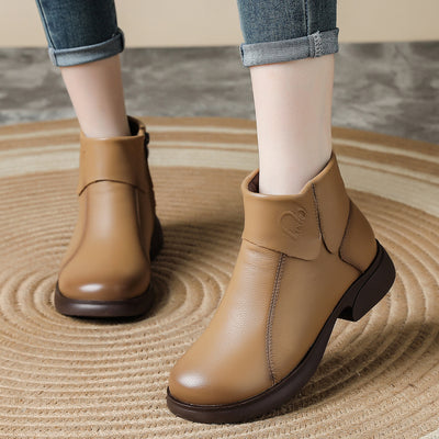 Genuine Leather Solid Color Round Toe Zipper Elegant Boots