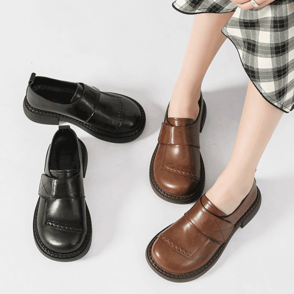 Top Leather Retro Solid Color Round Toe Velcro Flat Shoes