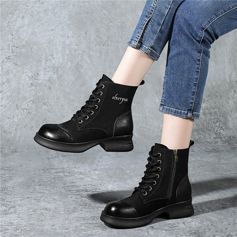 Women Leather Sueded Patchwork Platform Fleece-Lined Boots