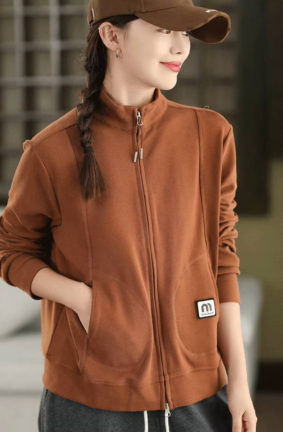 Sport Fashion Warm Stand Collar Zipper Solid Color Jacket