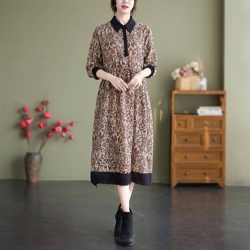Retro Linen Floral Printed Shirt Collar Long Sleeves Lace Hem Dress