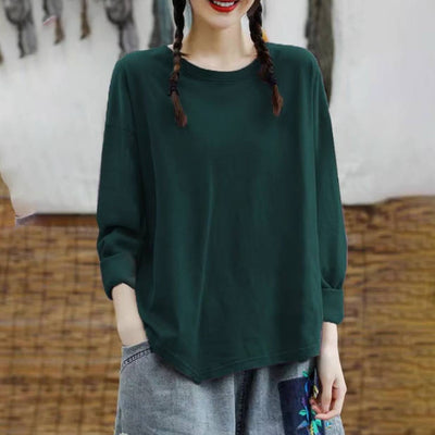 Autumn 100% Cotton Solid Color Round Neck Long Sleeves Pull o vers