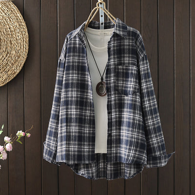 Vintage Plaid Casual Shirt Long Sleeve Oversized Thin Blouse