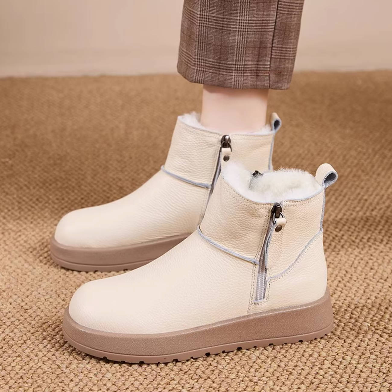 Winter Leather Warm Soft Flat Sole Wool-In Zipper Ankle Boots