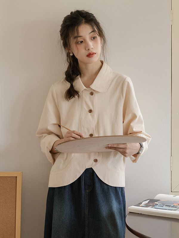 Autumn Cotton Retro Solid Color Lantern Sleeves Irregular Shirts