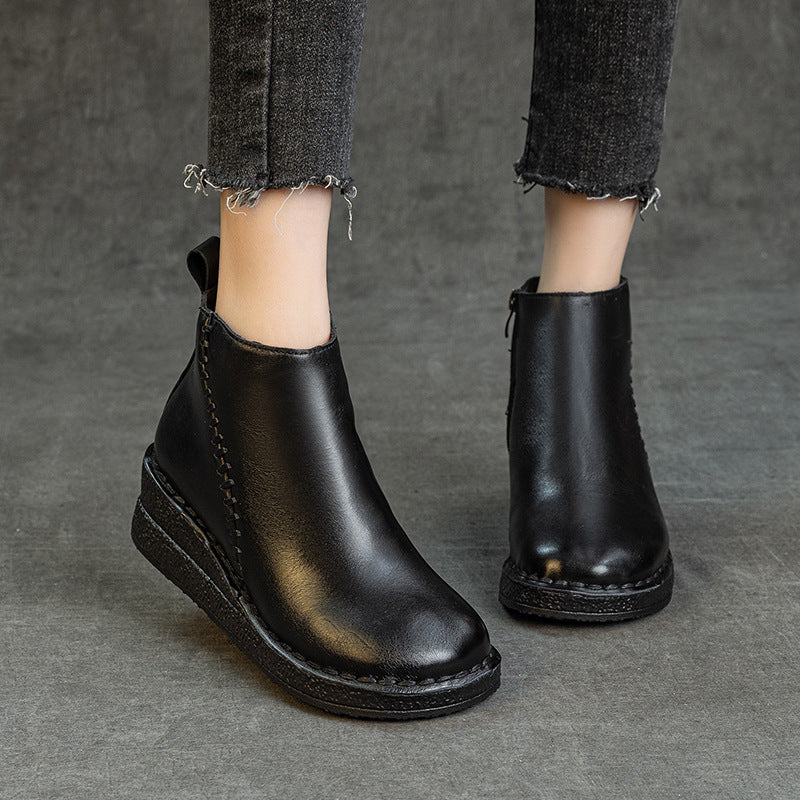 Winter Retro Leather Platform Thick Soft Sole Plush Boots