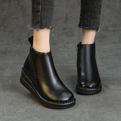 Winter Retro Leather Platform Thick Soft Sole Plush Boots