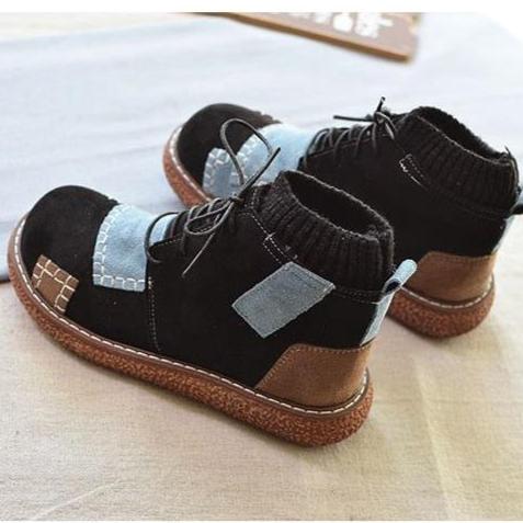 Women Winter Colorblock Round-Toe Chunky Sole Fleece-Lined Boots