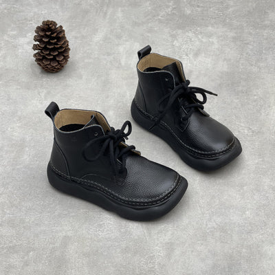 Women Retro Leather Wide Toe Lace Up Ankle Boots