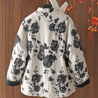 Chinese Style Stand Collar Floral Printed Frog Button Cotton-In Coat
