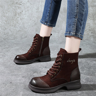 Women Leather Sueded Patchwork Platform Fleece-Lined Boots